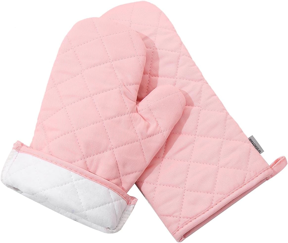 M MIAOYAN 4-Piece Set of High Heat Resistant Oven Mitts and Pot Holders in Pink (12 Inch) - Extra Thick, Long Kitchen Cotton Gloves for Cooking up to 500 Degrees