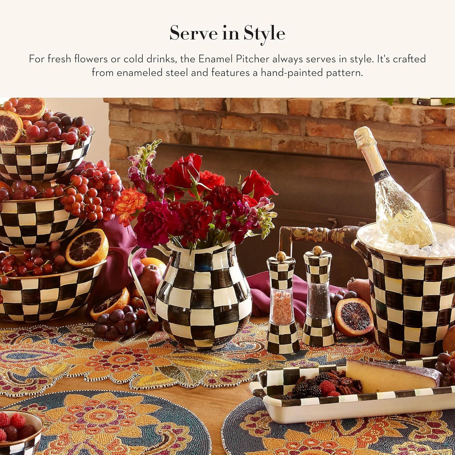 MACKENZIE-CHILDS Courtly Check Enamel Pitcher for Water, Flowers, Home Decor - 3 Quarts, Black and White - Stylish and Functional