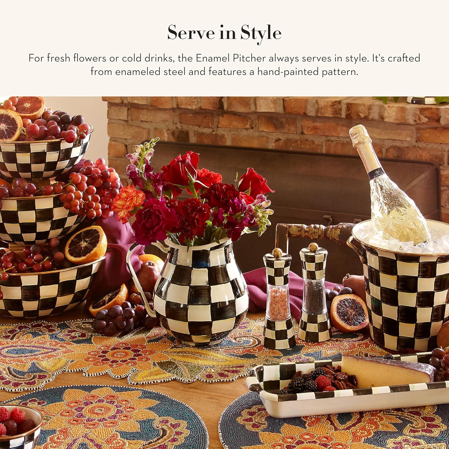 MACKENZIE-CHILDS Courtly Check Enamel Pitcher for Water, Flowers, Home Decor - 3 Quarts, Black and White - Stylish and Functional