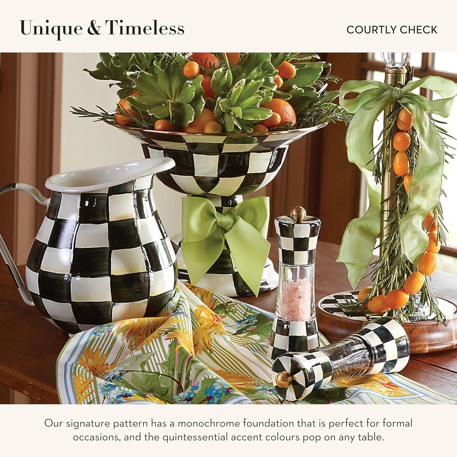 MACKENZIE-CHILDS Courtly Check Enamel Pitcher for Water, Flowers, Home Decor - 3 Quarts, Black and White - Stylish and Functional