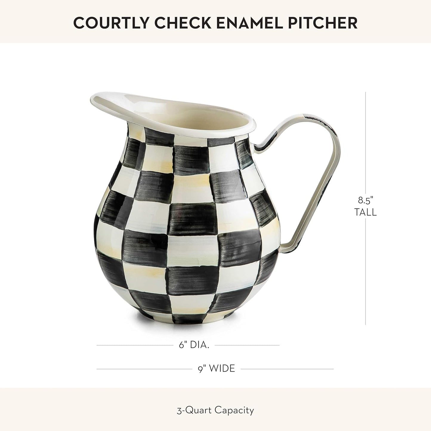 MACKENZIE-CHILDS Courtly Check Enamel Pitcher for Water, Flowers, Home Decor - 3 Quarts, Black and White - Stylish and Functional