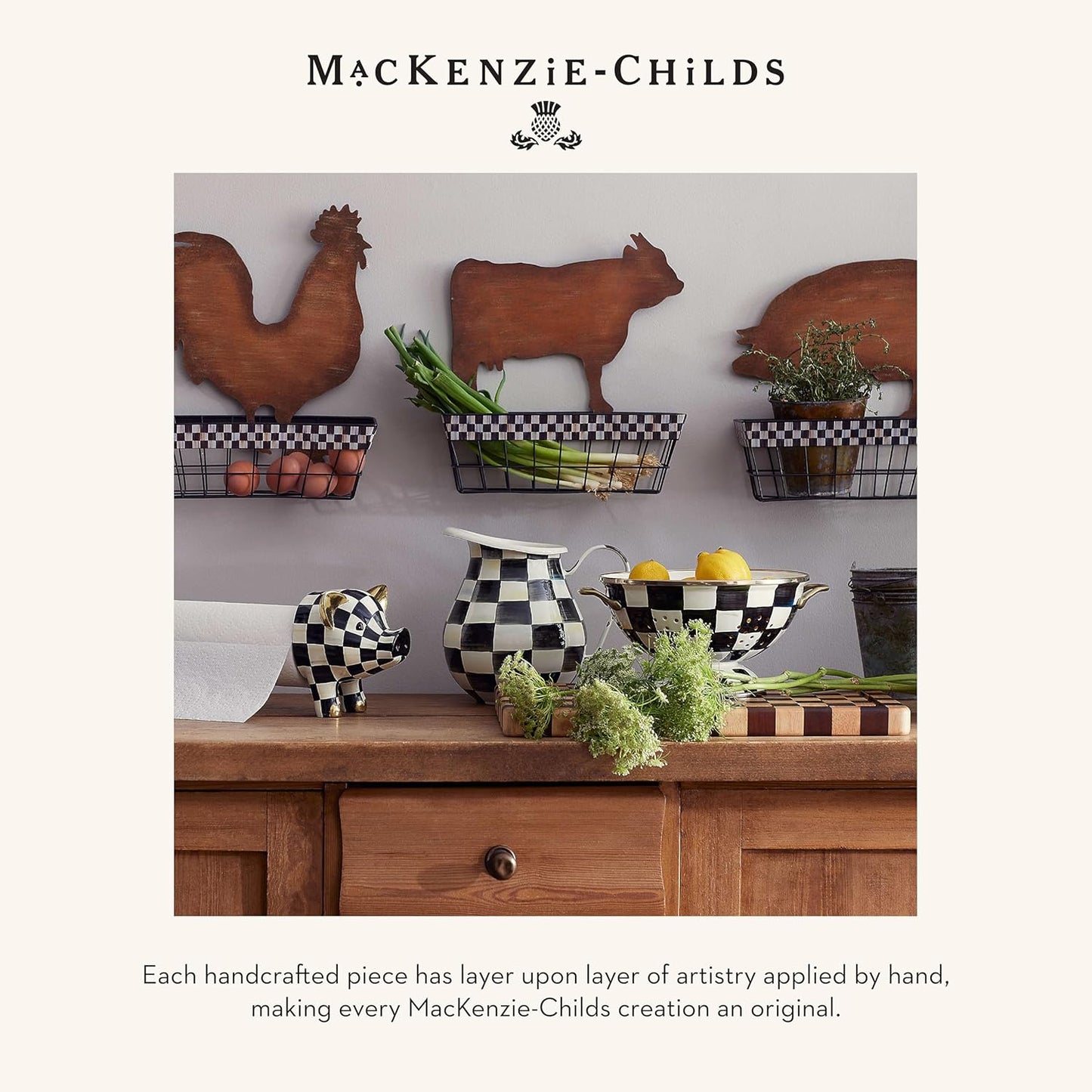 MACKENZIE-CHILDS Courtly Check Enamel Pitcher for Water, Flowers, Home Decor - 3 Quarts, Black and White - Stylish and Functional