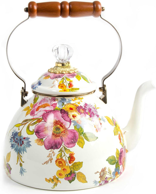 MACKENZIE-CHILDS White Flower Market Enamel Tea Kettle - Stylish 3 Quart Stovetop Tea Kettle
