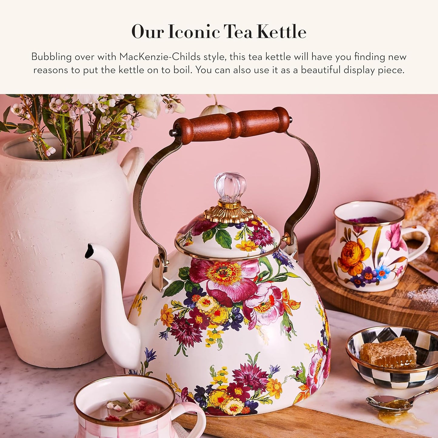 MACKENZIE-CHILDS White Flower Market Enamel Tea Kettle - Stylish 3 Quart Stovetop Tea Kettle