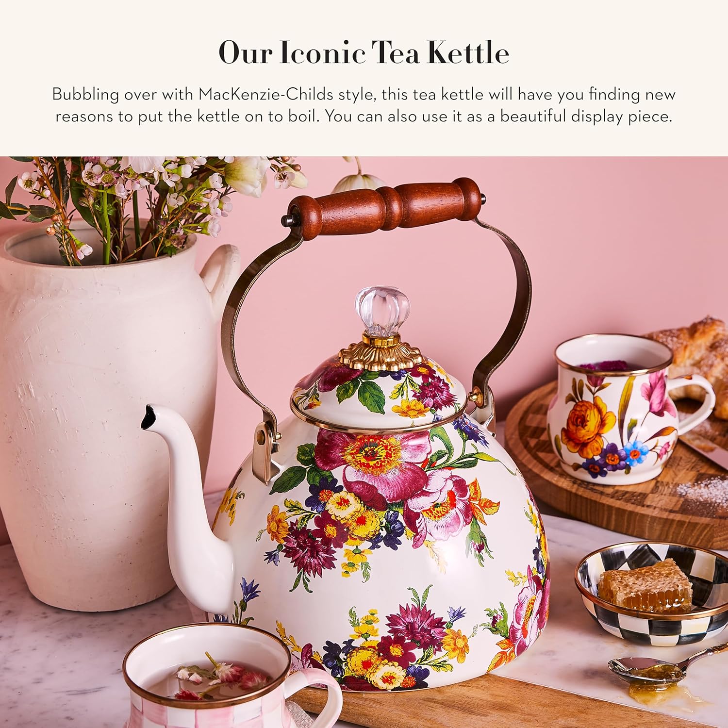 MACKENZIE-CHILDS White Flower Market Enamel Tea Kettle - Stylish 3 Quart Stovetop Tea Kettle