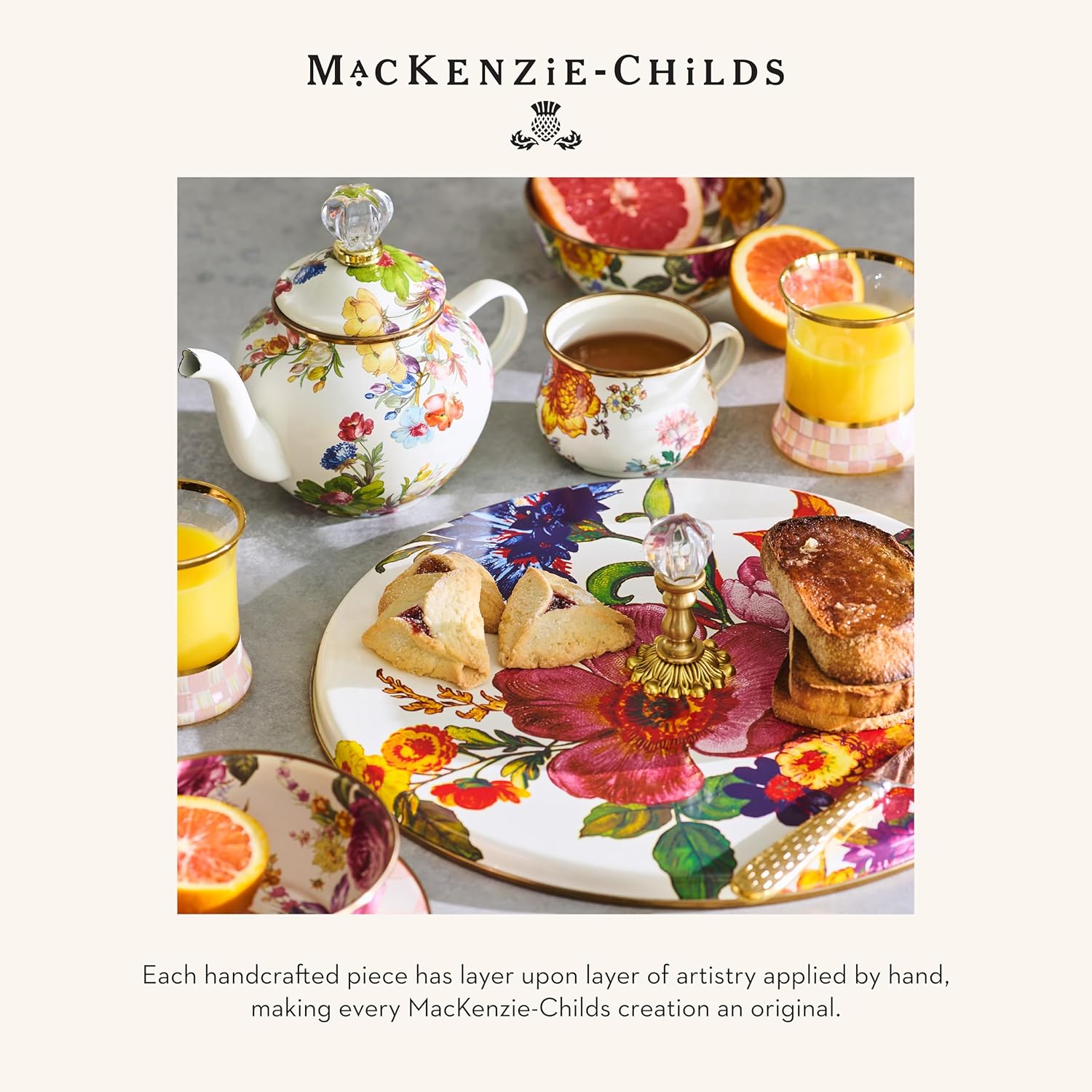 MACKENZIE-CHILDS White Flower Market Enamel Tea Kettle - Stylish 3 Quart Stovetop Tea Kettle