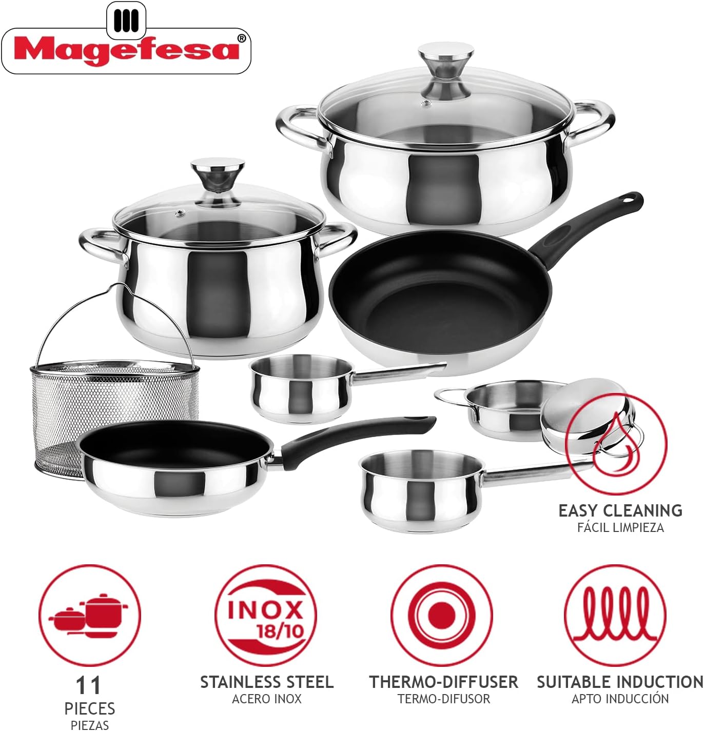 MAGEFESA IDEAL Stainless Steel Cookware Set - 11 Pieces for All Stovetops, Induction Ready & Dishwasher Safe