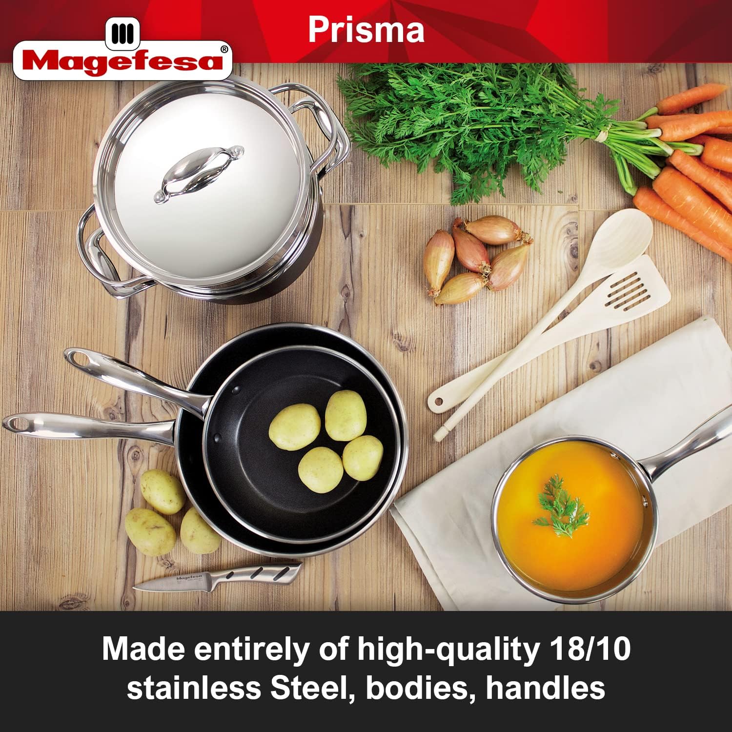 Magefesa® Prisma 13-Piece Cookware Set with Nonstick Stainless Steel Pans and Pots - Oven Safe up to 392°F