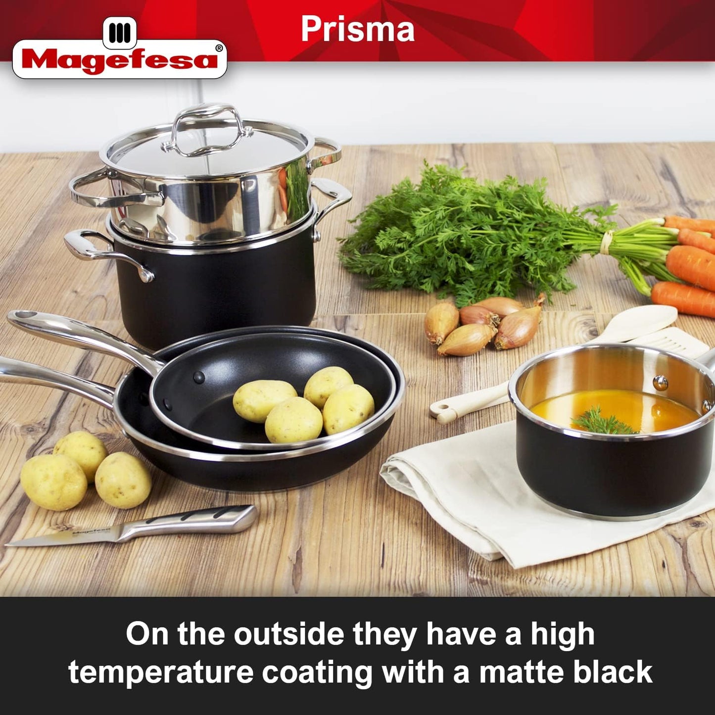 Magefesa® Prisma 13-Piece Cookware Set with Nonstick Stainless Steel Pans and Pots - Oven Safe up to 392°F