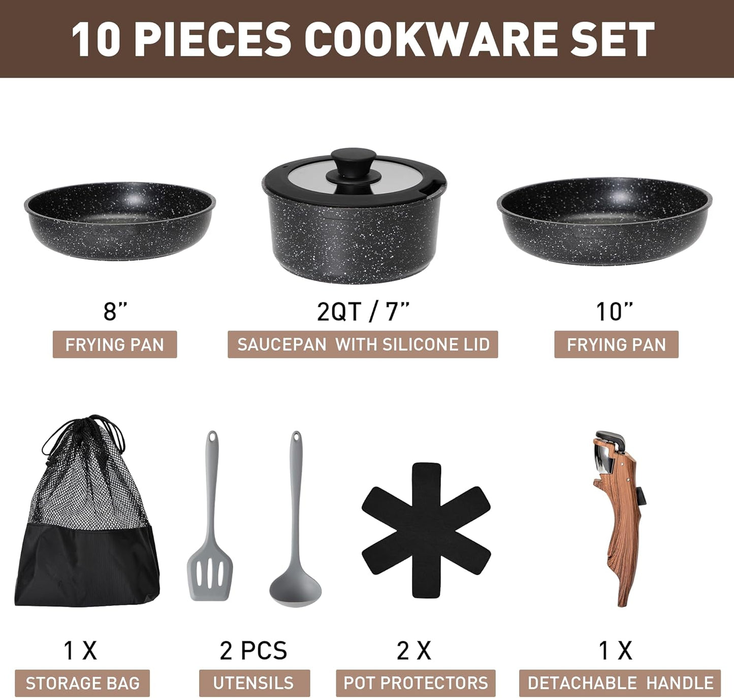 MAISON ARTS 12-Piece Non-Stick Cookware Set with 10-Piece Detachable Handle Black Pots and Pans