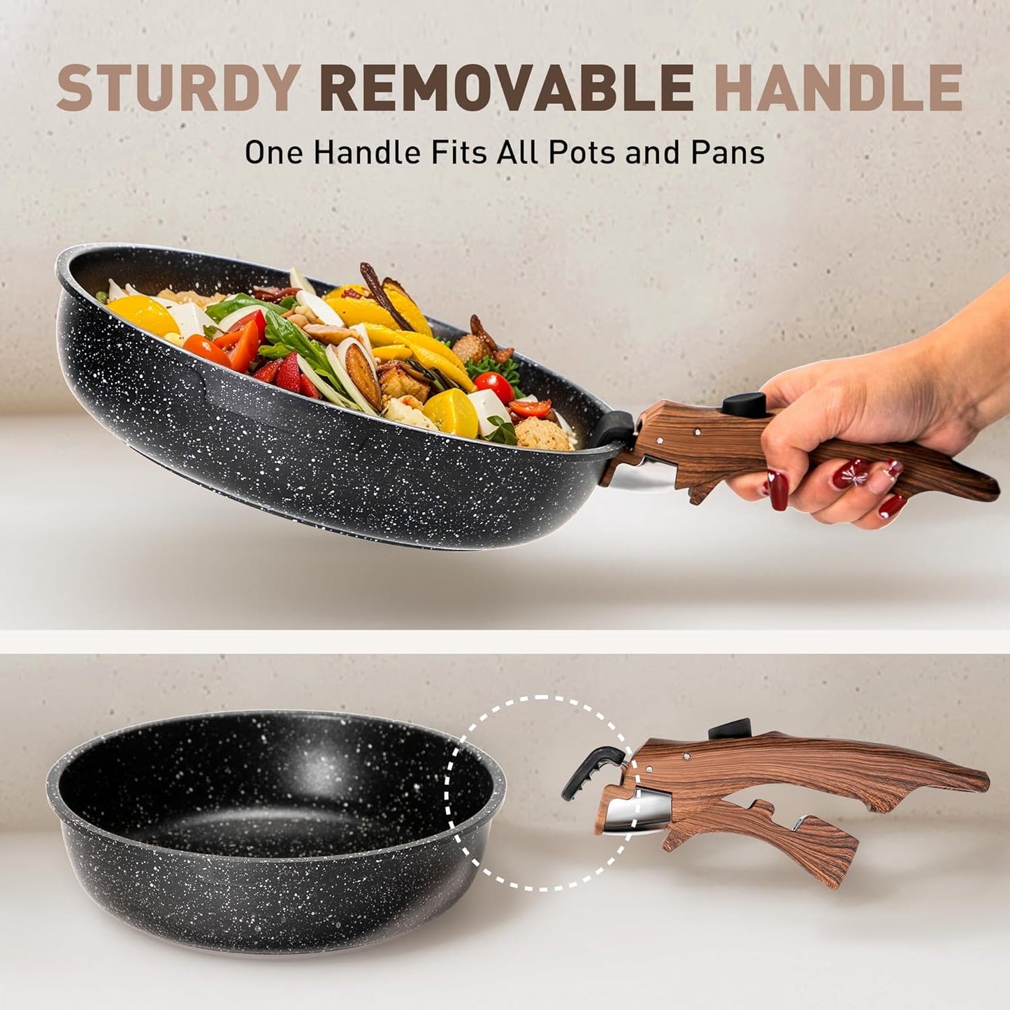 MAISON ARTS 12-Piece Non-Stick Cookware Set with 10-Piece Detachable Handle Black Pots and Pans