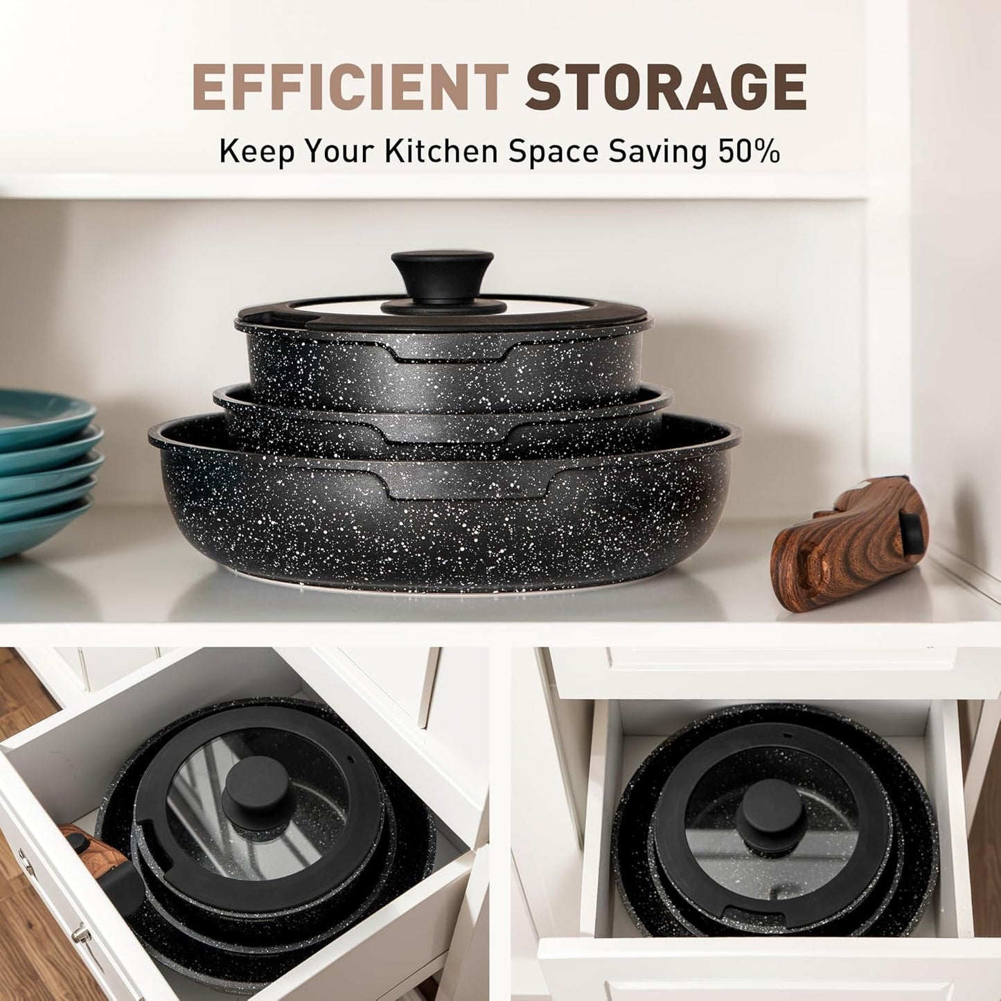 MAISON ARTS 12-Piece Non-Stick Cookware Set with 10-Piece Detachable Handle Black Pots and Pans