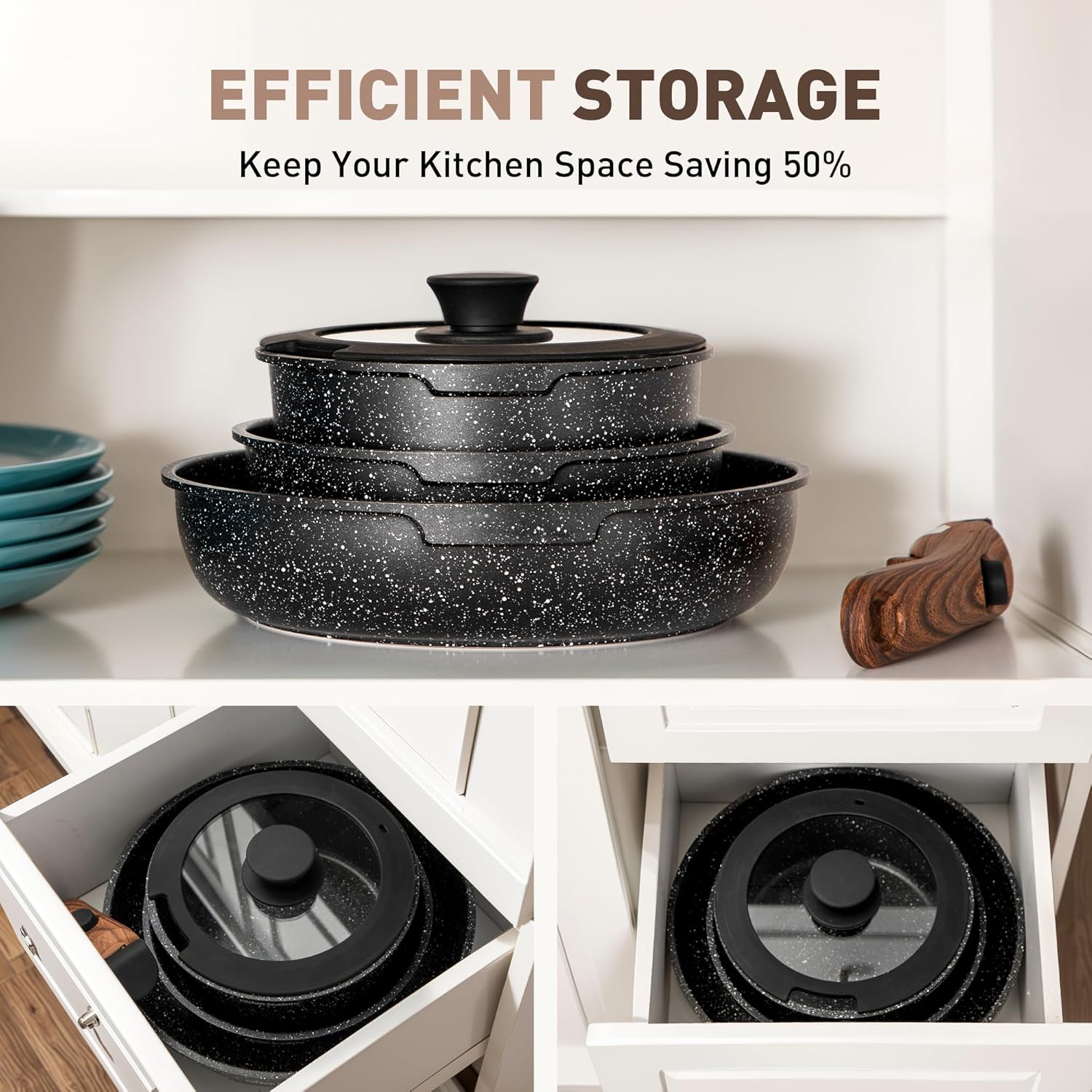 MAISON ARTS 12-Piece Non-Stick Cookware Set with 10-Piece Detachable Handle Black Pots and Pans