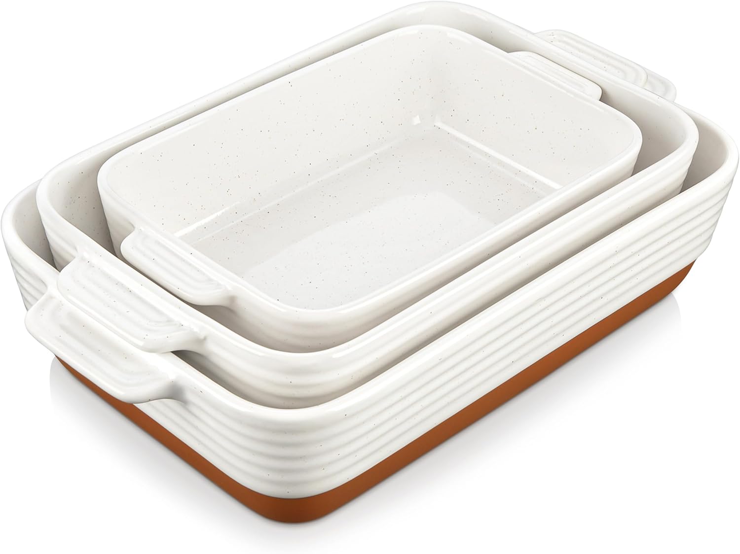 MALACASA Ceramic Baking Dishes Set of 3, Rectangular Lasagna Pan Deep with Handles, Khaki White, Series TARA