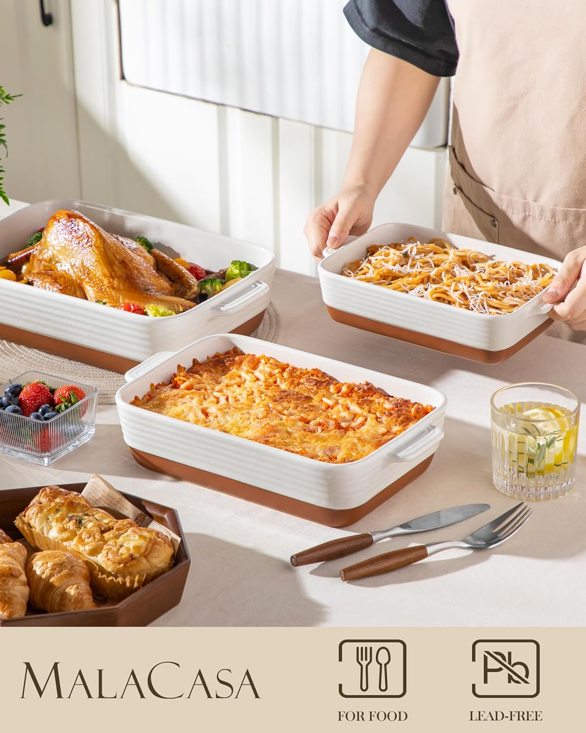 MALACASA Ceramic Baking Dishes Set of 3, Rectangular Lasagna Pan Deep with Handles, Khaki White, Series TARA