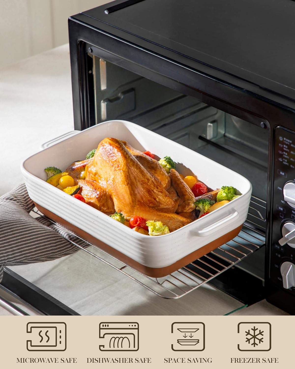 MALACASA Ceramic Baking Dishes Set of 3, Rectangular Lasagna Pan Deep with Handles, Khaki White, Series TARA