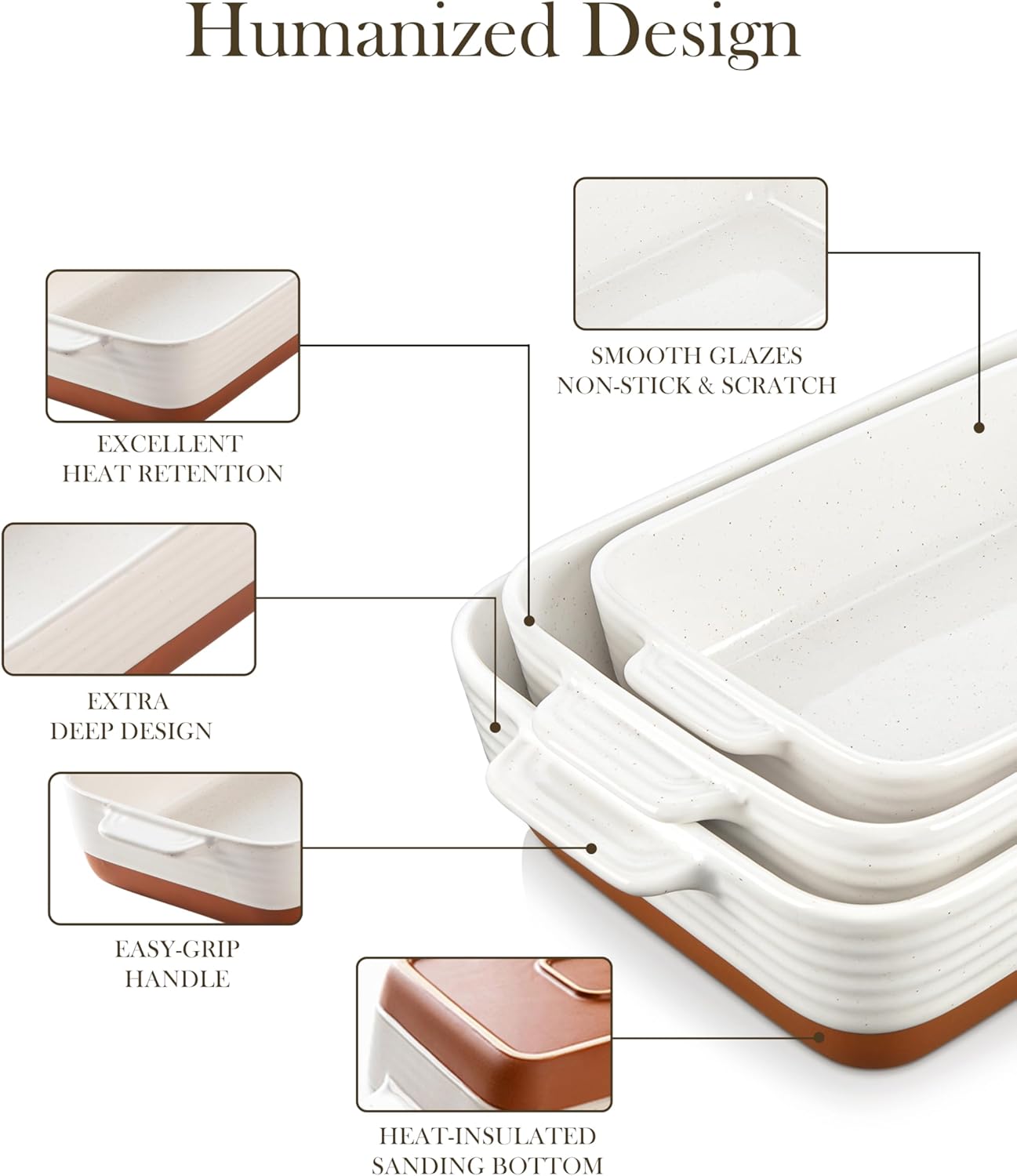 MALACASA Ceramic Baking Dishes Set of 3, Rectangular Lasagna Pan Deep with Handles, Khaki White, Series TARA