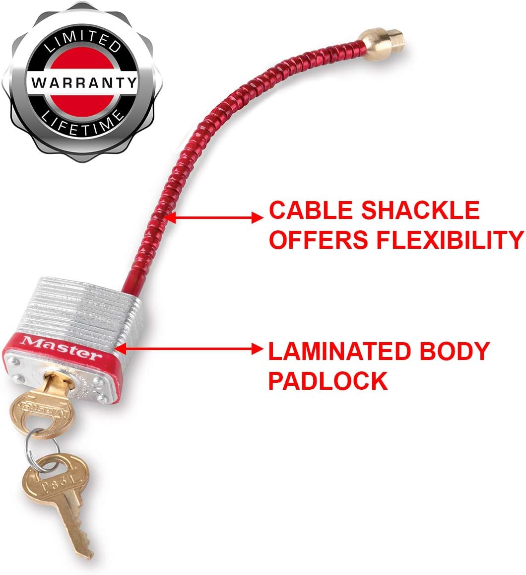 Master Lock 7C5RED Lockout Tagout Circuit Breaker Compact Padlock with 5 in. Long Flexible Steel Cable, Red - WildKart
