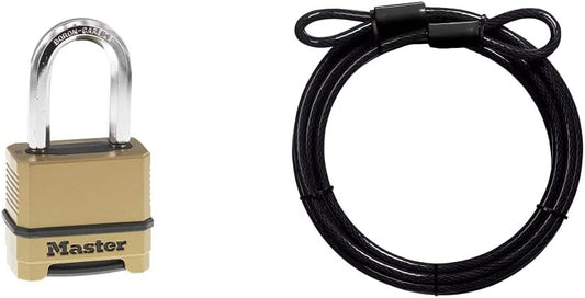 Master Lock M175XDLF Heavy Duty Outdoor Combination Lock with 1-1/2" Shackle, Brass Finish + Master Lock 72DPF Steel Cable with Looped Ends, 1 Pack, Black
