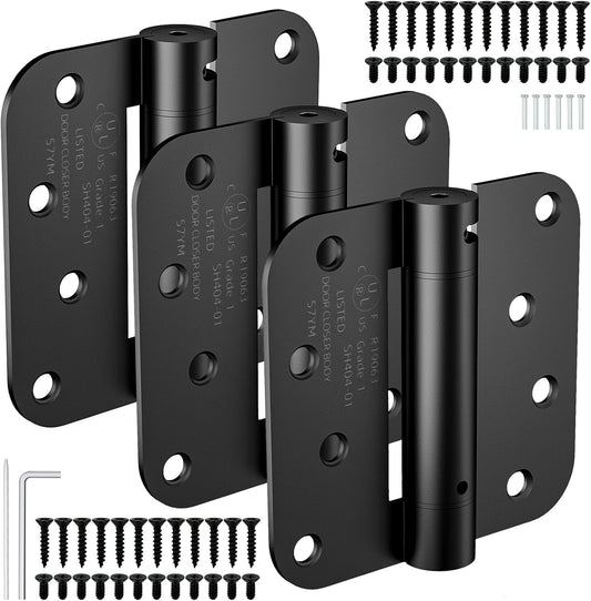 Matte Black 4 Inch Self Closing Door Hinges with 5/8" Radius Corners - 3 Pack, UL Listed for Exterior, Garage, Front and Back Doors