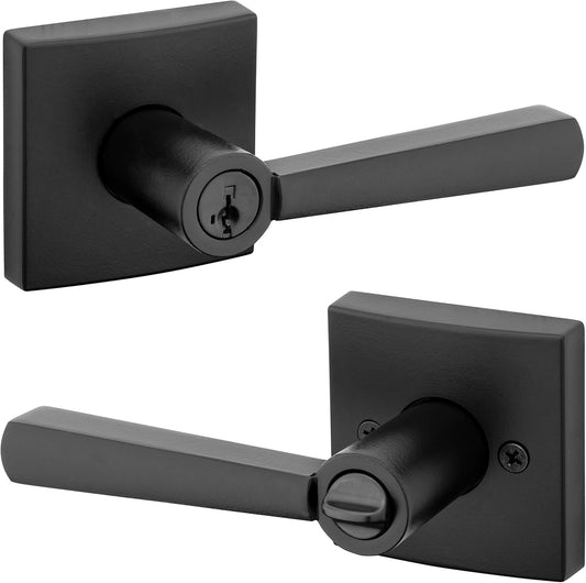 Matte Black Baldwin Spyglass Entry Door Handle Lever with Keyed Lock, Reversible Design, SmartKey Re-key Technology, Microban Protection