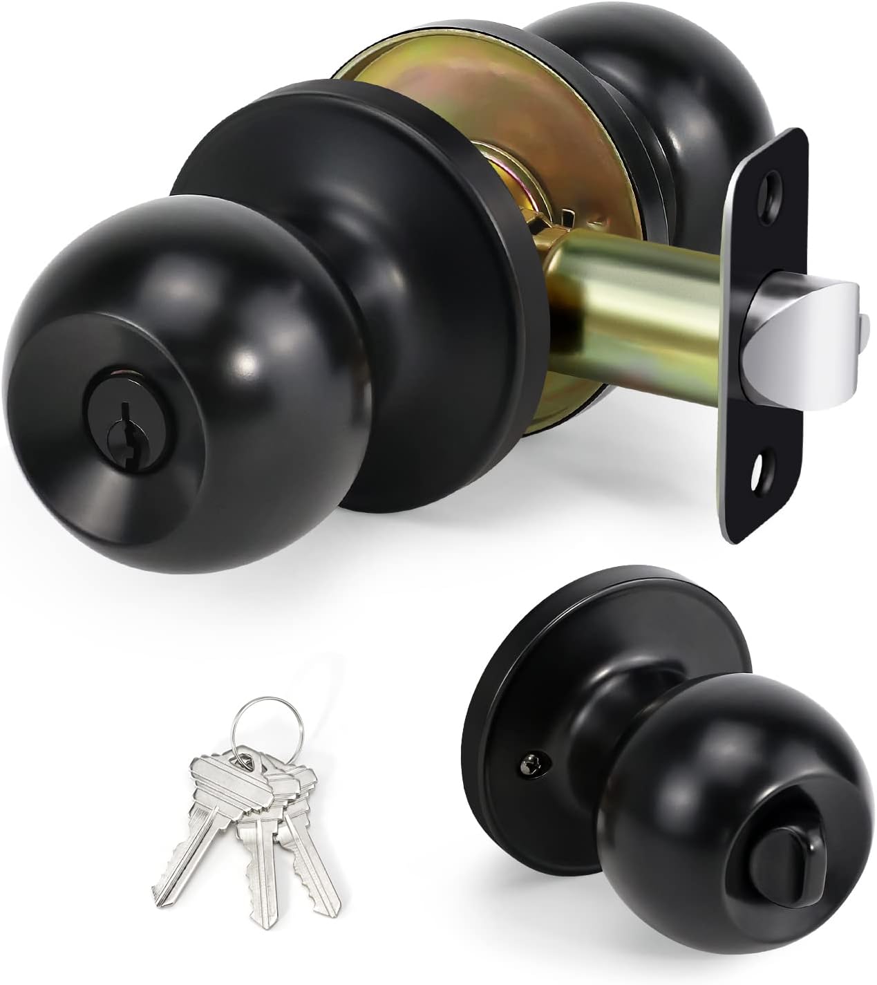 Matte Black Ball Door Knob Entry Function Keyed Lock for Front Door, Right/Left Side - 1 Pack