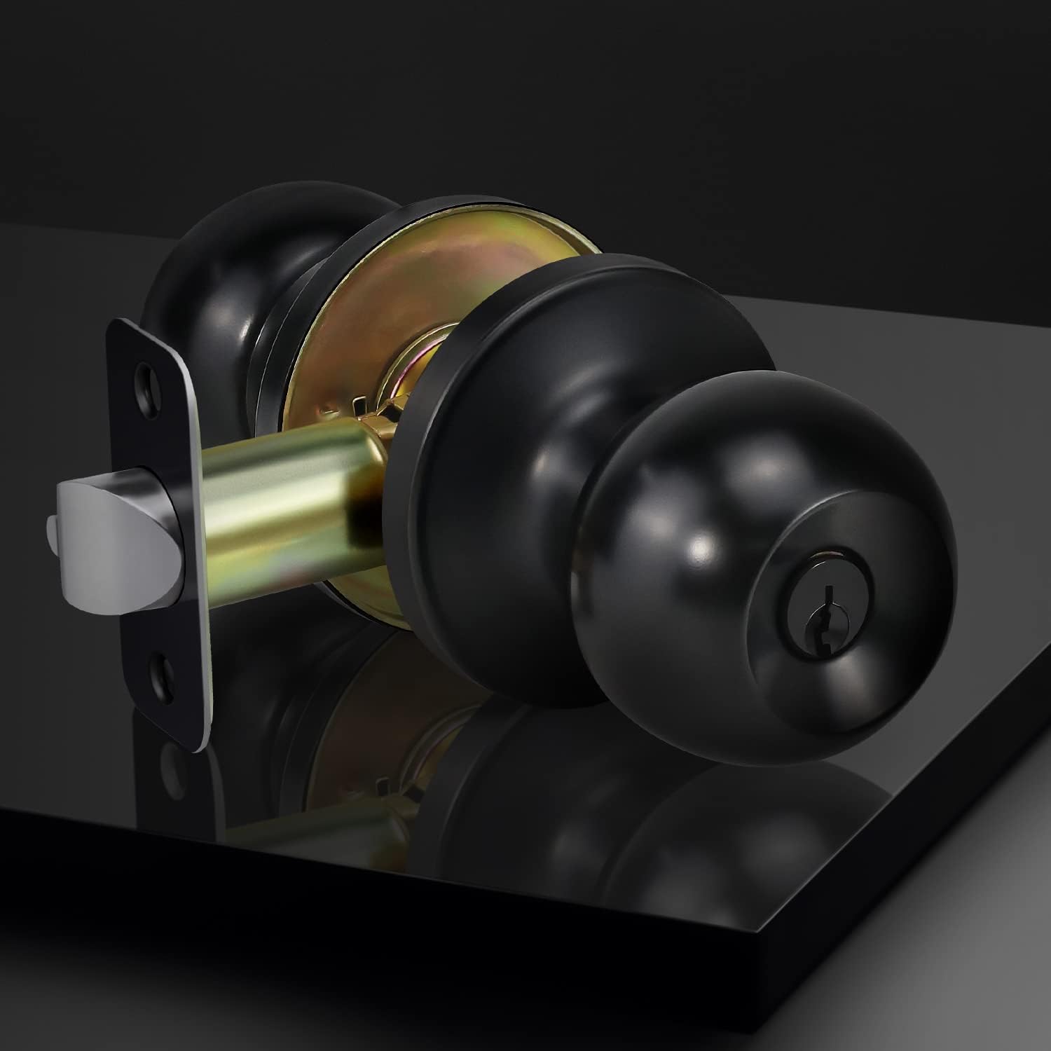 Matte Black Ball Door Knob Entry Function Keyed Lock for Front Door, Right/Left Side - 1 Pack