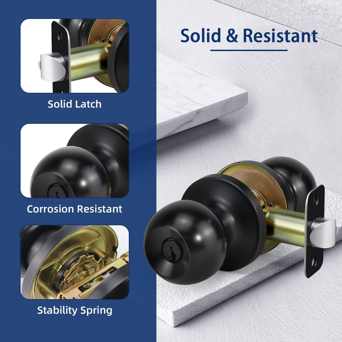 Matte Black Ball Door Knob Entry Function Keyed Lock for Front Door, Right/Left Side - 1 Pack