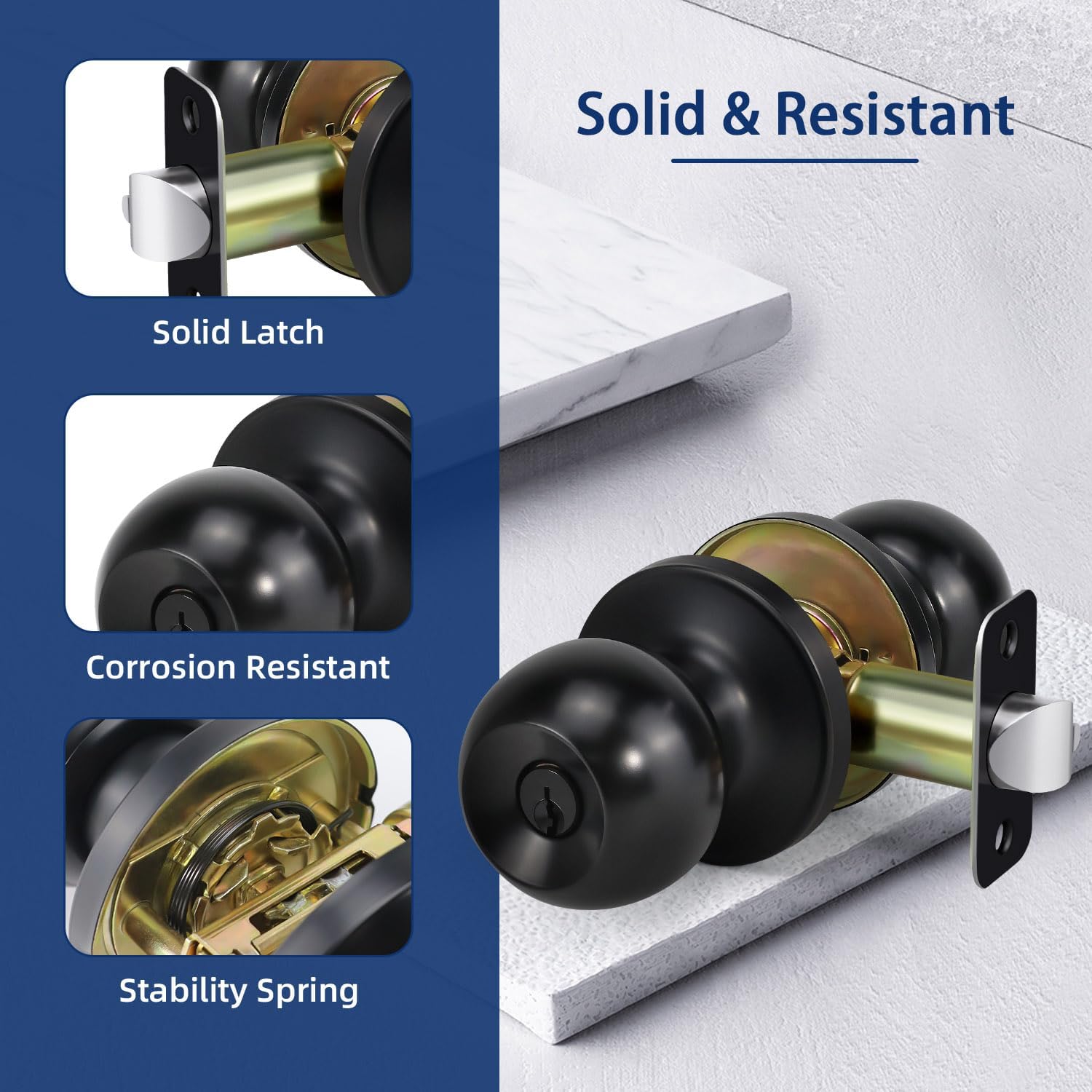 Matte Black Ball Door Knob Entry Function Keyed Lock for Front Door, Right/Left Side - 1 Pack