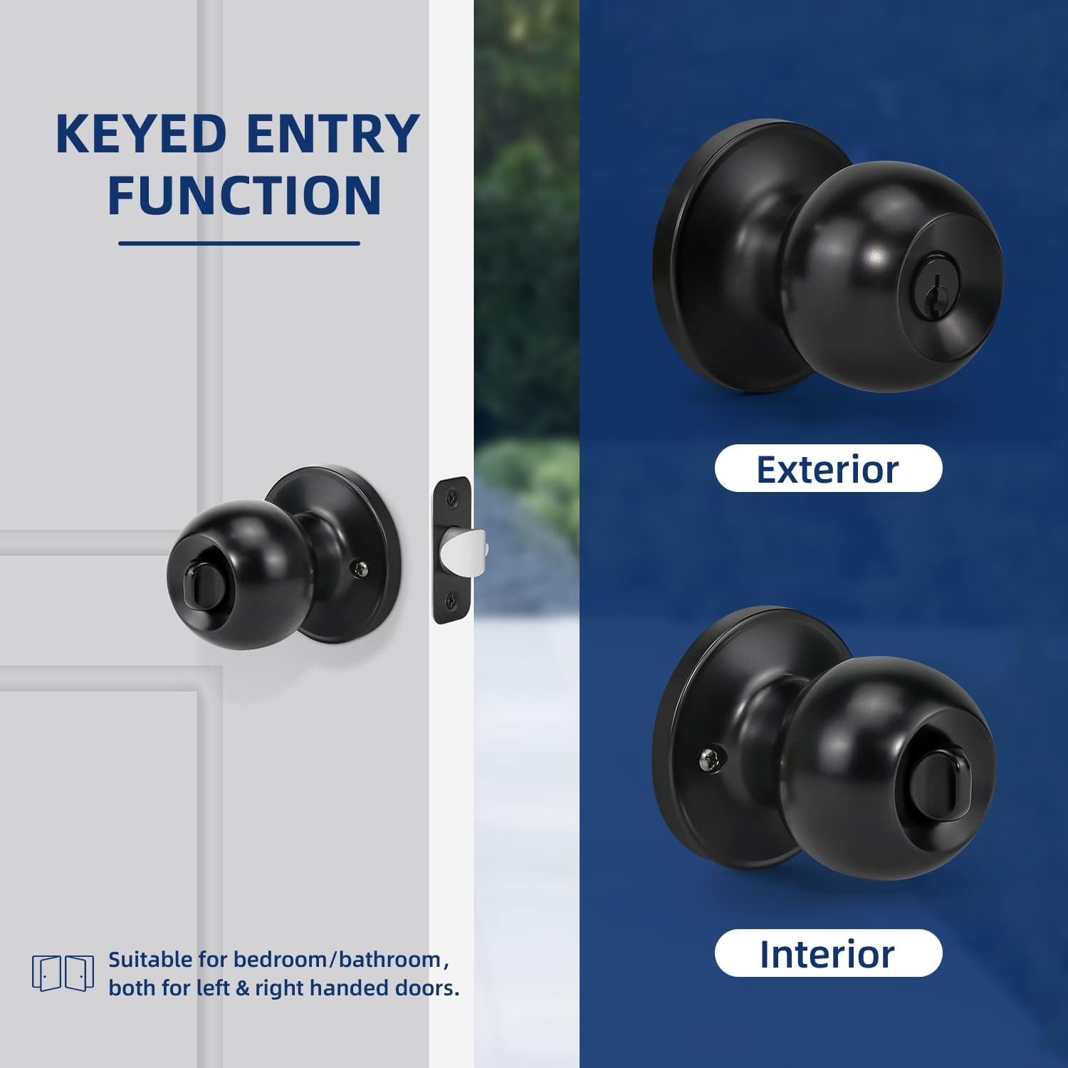 Matte Black Ball Door Knob Entry Function Keyed Lock for Front Door, Right/Left Side - 1 Pack