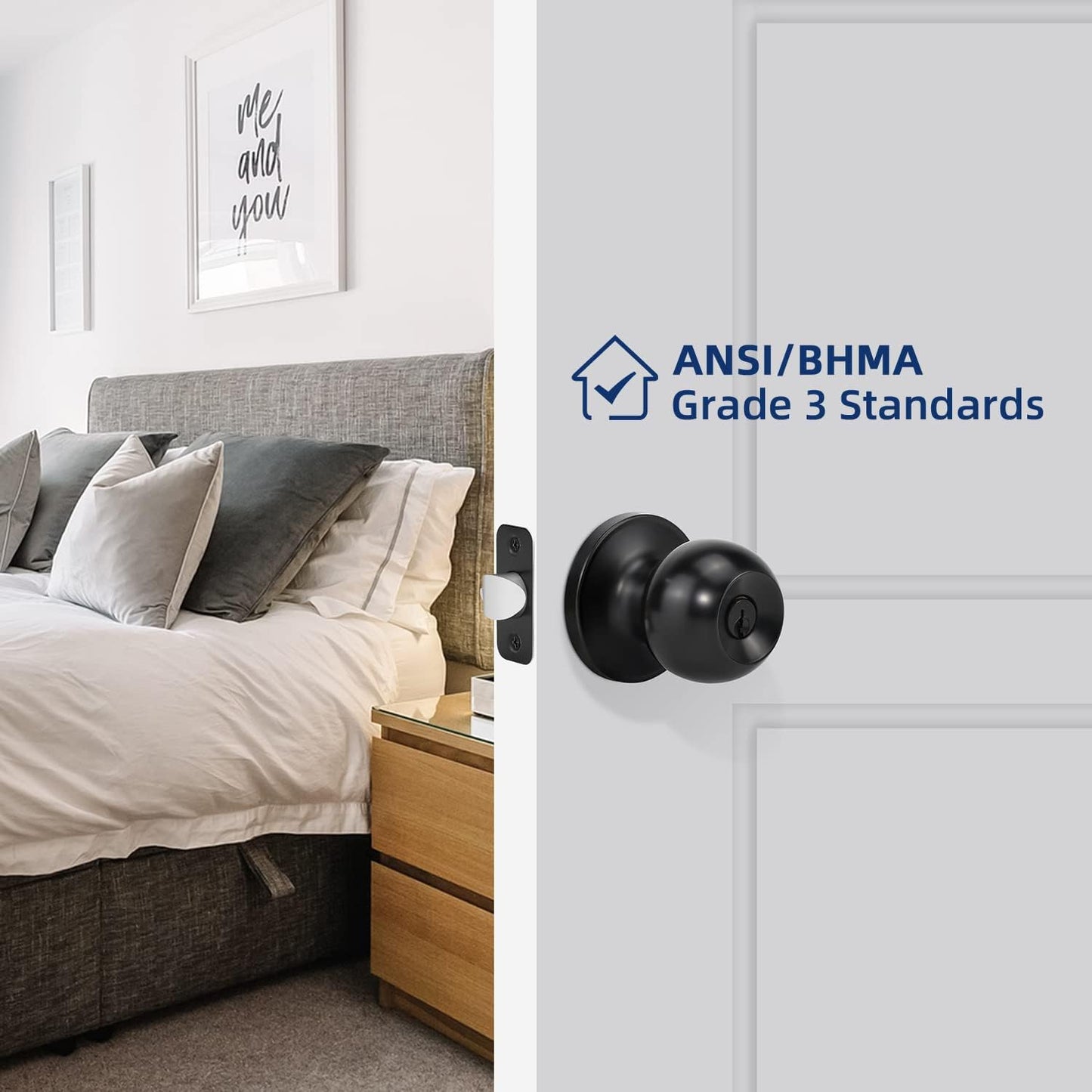 Matte Black Ball Door Knob Entry Function Keyed Lock for Front Door, Right/Left Side - 1 Pack