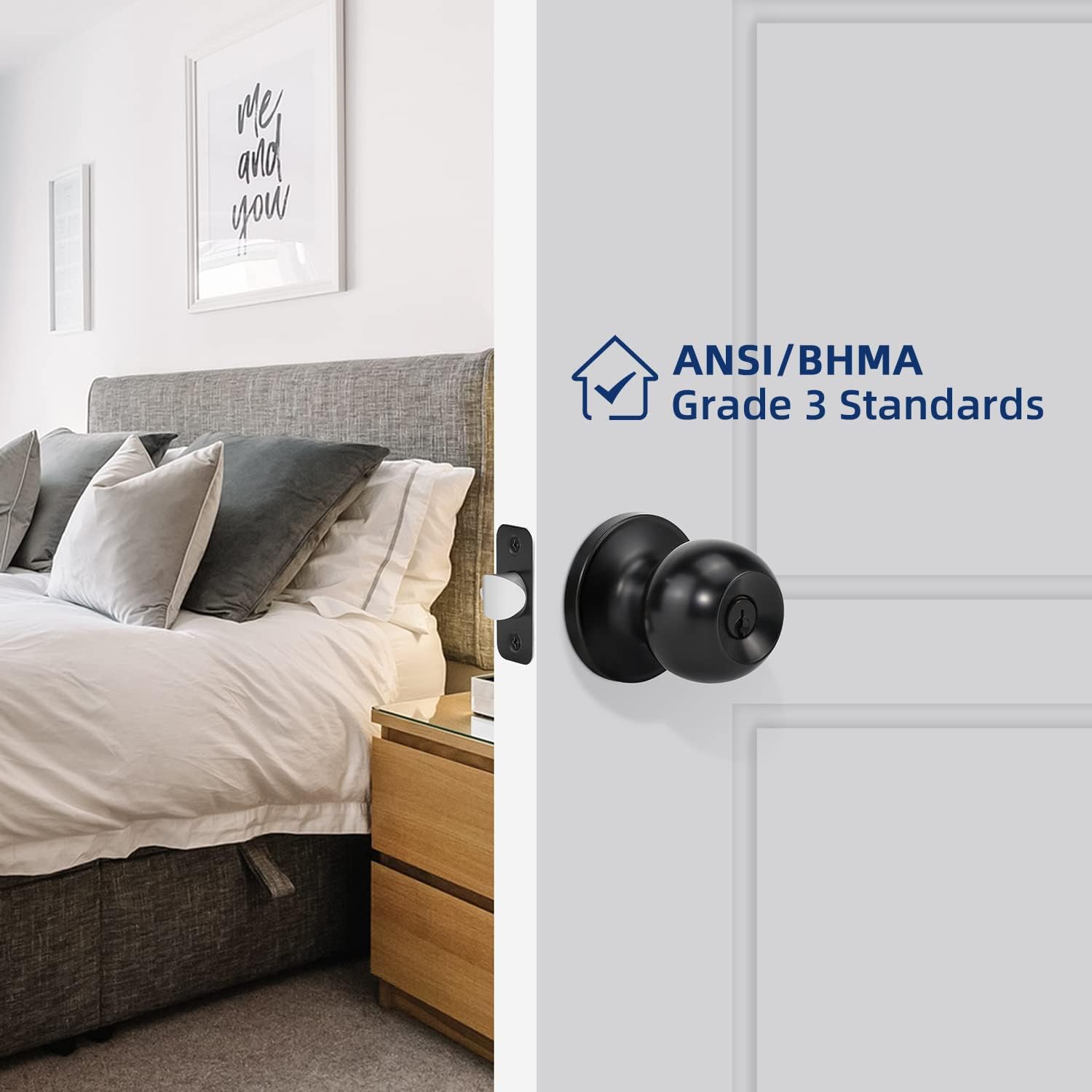 Matte Black Ball Door Knob Entry Function Keyed Lock for Front Door, Right/Left Side - 1 Pack