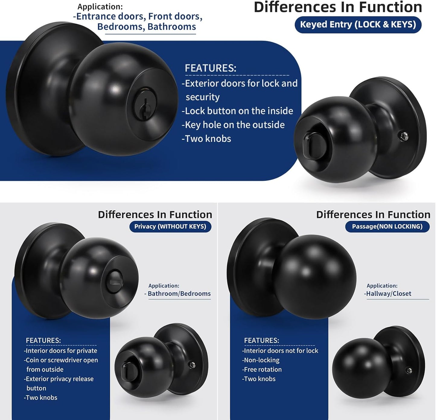 Matte Black Ball Door Knob Entry Function Keyed Lock for Front Door, Right/Left Side - 1 Pack