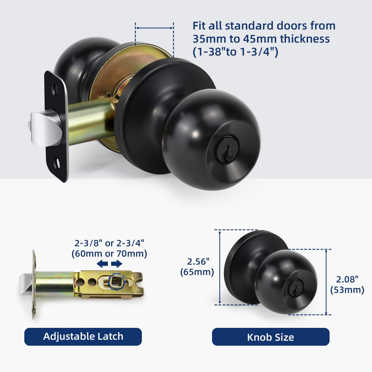 Matte Black Ball Door Knob Entry Function Keyed Lock for Front Door, Right/Left Side - 1 Pack