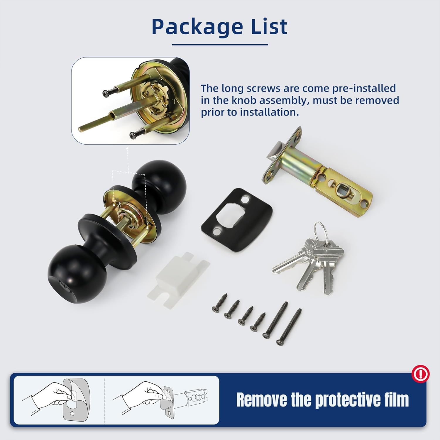 Matte Black Ball Door Knob Entry Function Keyed Lock for Front Door, Right/Left Side - 1 Pack