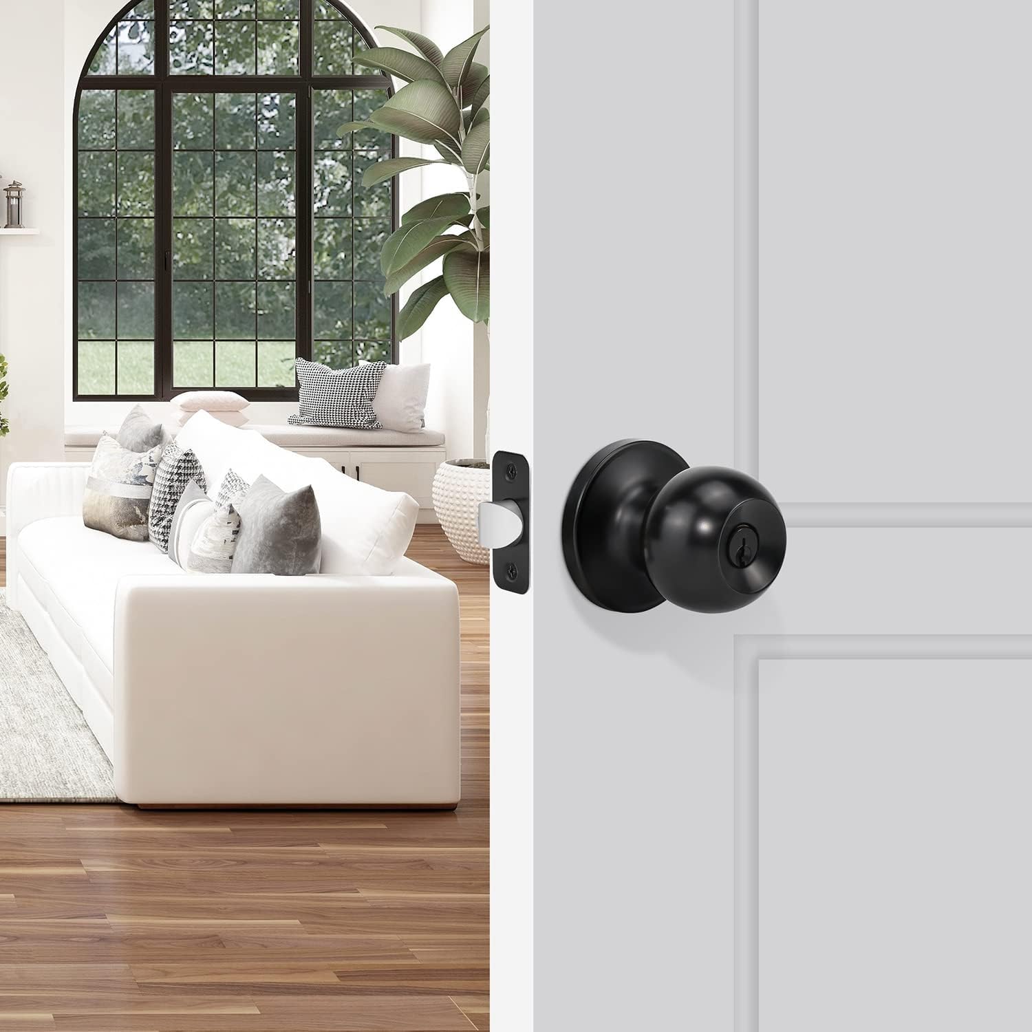 Matte Black Ball Door Knob Entry Function Keyed Lock for Front Door, Right/Left Side - 1 Pack