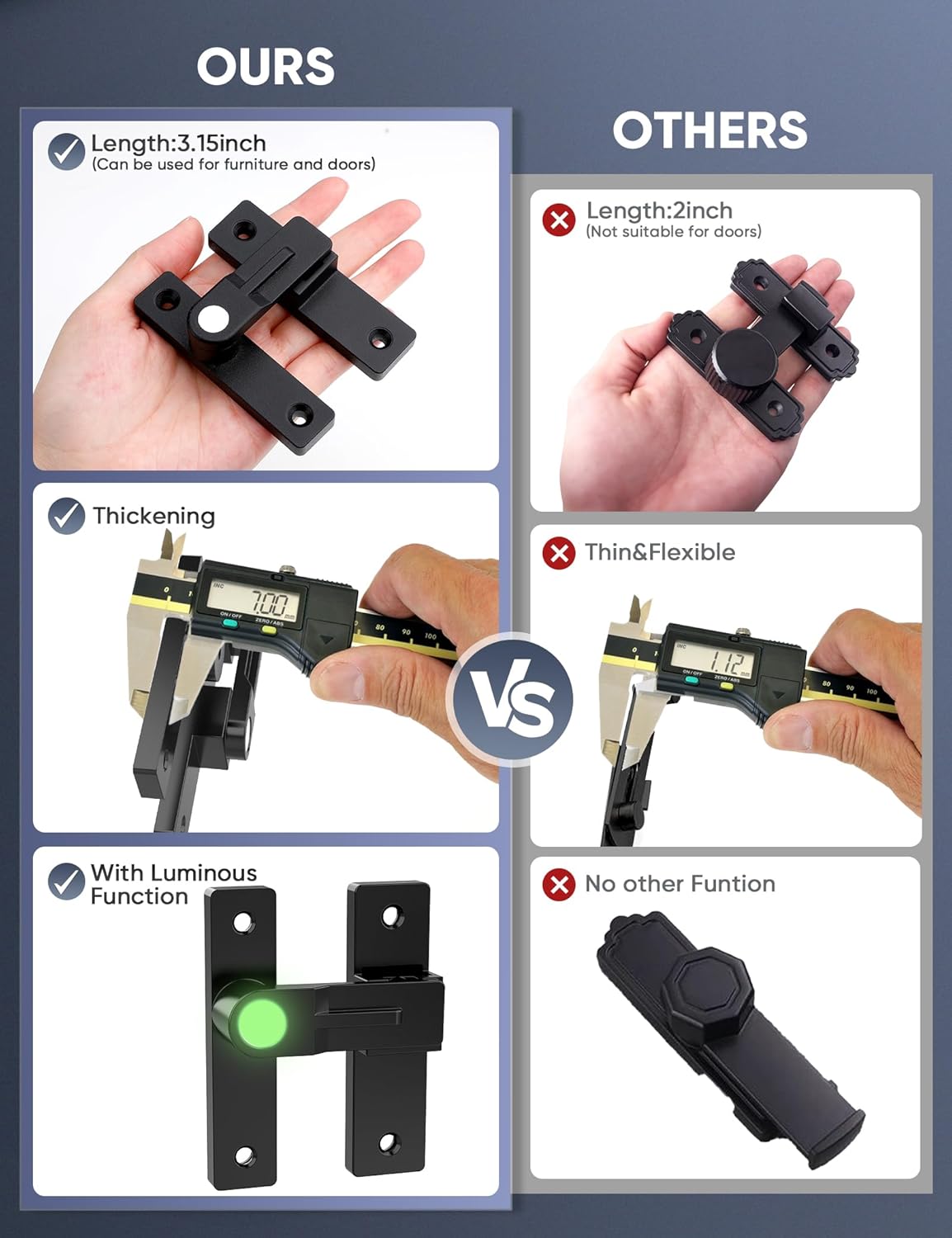 Matte Black Barn Door Latch with Luminous Function - Heavy Duty Sliding Double Door Hardware - Keyless Gate Latch (180 Degree, 1 Pack)