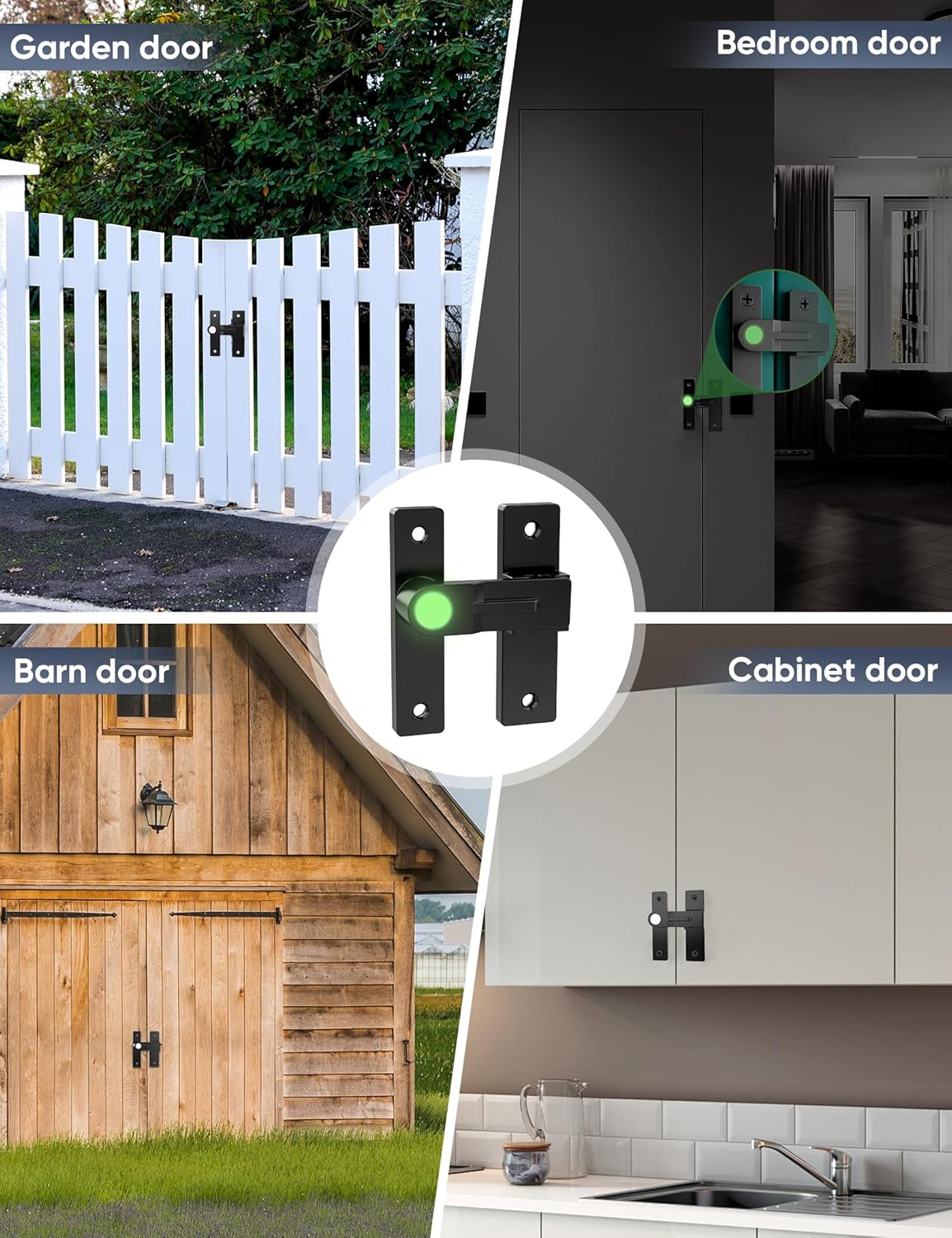 Matte Black Barn Door Latch with Luminous Function - Heavy Duty Sliding Double Door Hardware - Keyless Gate Latch (180 Degree, 1 Pack)