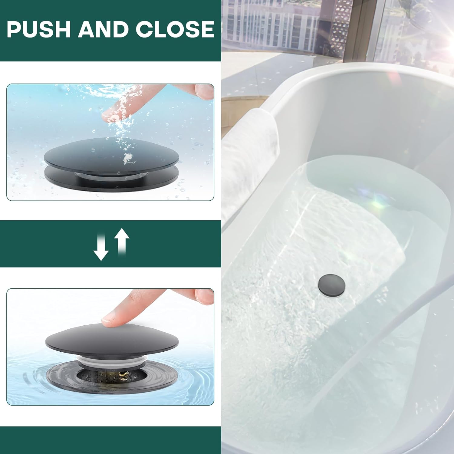 Matte Black Citymoor Universal Tub Stopper Tip Toe Drain Plug - Easy Install & Clean, Replaces Multiple Tub Drains