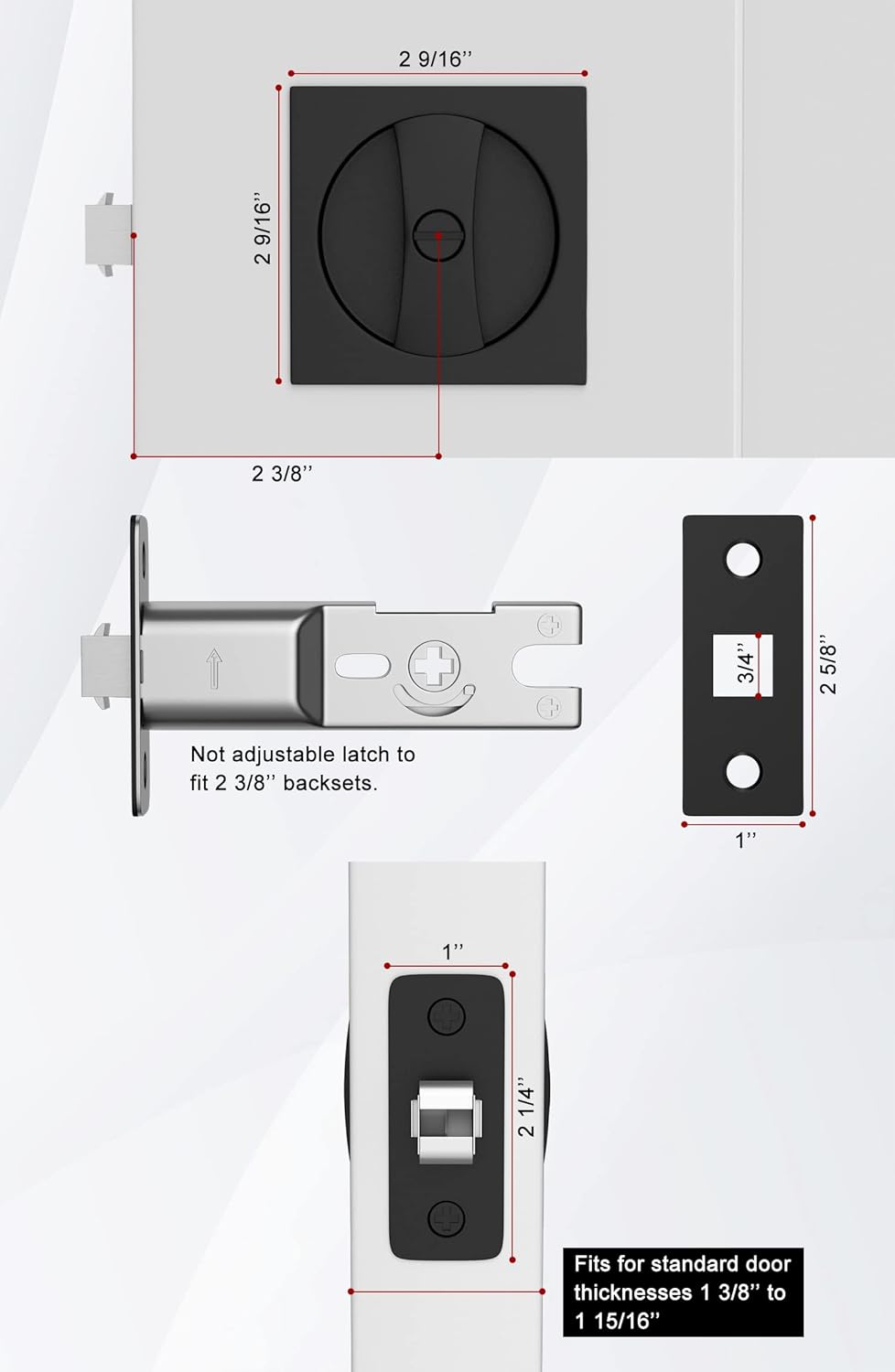 Matte Black Contemporary Privacy Square Pocket Door Lock, 2-3/8" Backset - Black Flush Pocket Door Latch by goldenwarm (1 Pack) - WildKart