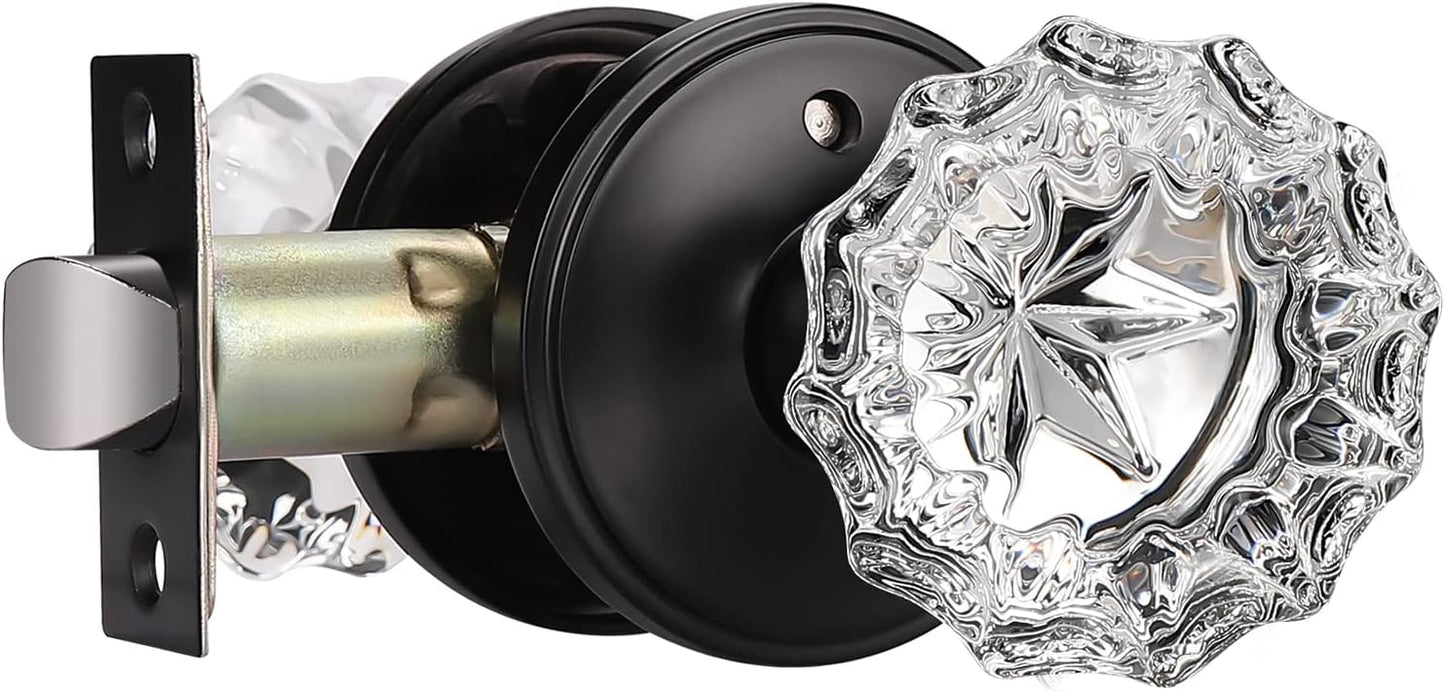 Matte Black Crystal Door Knobs with Lock - Modern Round Frosted Glass Interior Knobs for Bed and Bath Privacy