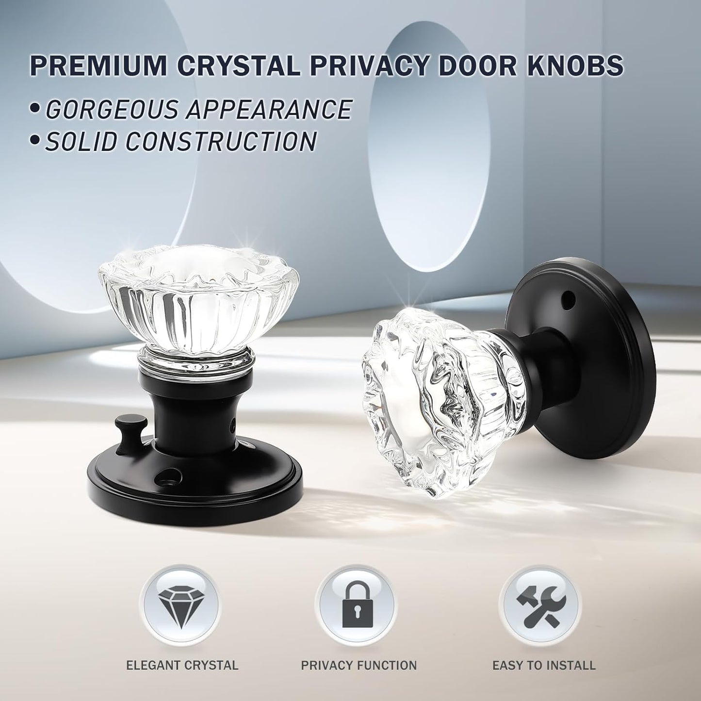 Matte Black Crystal Door Knobs with Lock - Modern Round Frosted Glass Interior Knobs for Bed and Bath Privacy