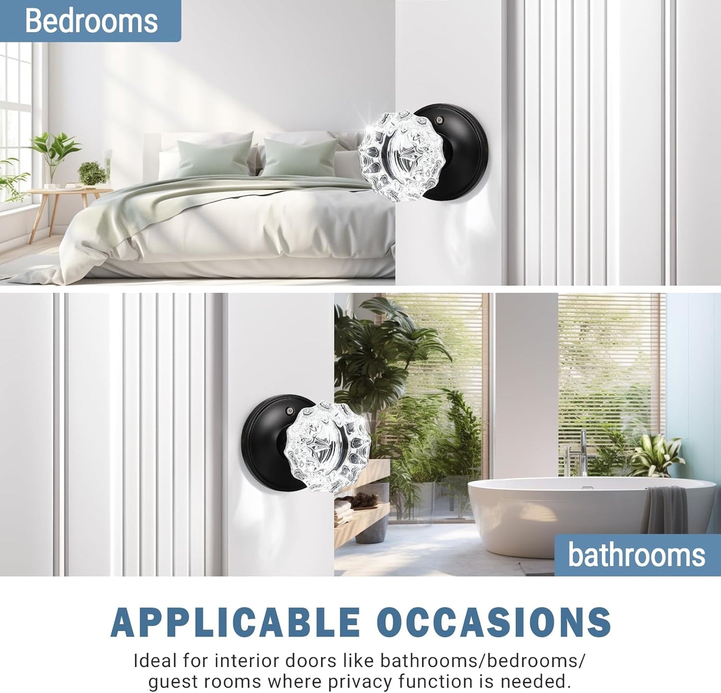 Matte Black Crystal Door Knobs with Lock - Modern Round Frosted Glass Interior Knobs for Bed and Bath Privacy