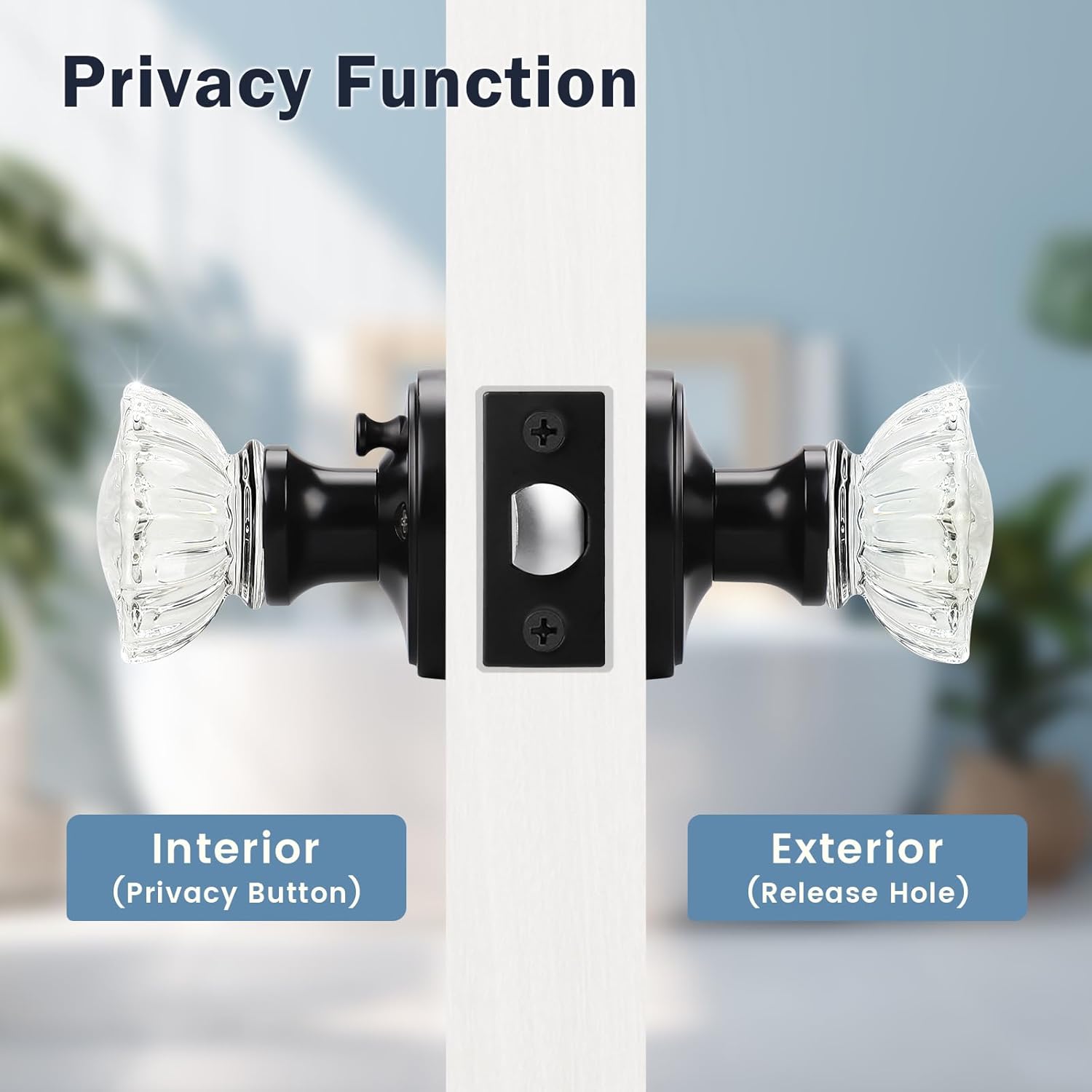 Matte Black Crystal Door Knobs with Lock - Modern Round Frosted Glass Interior Knobs for Bed and Bath Privacy