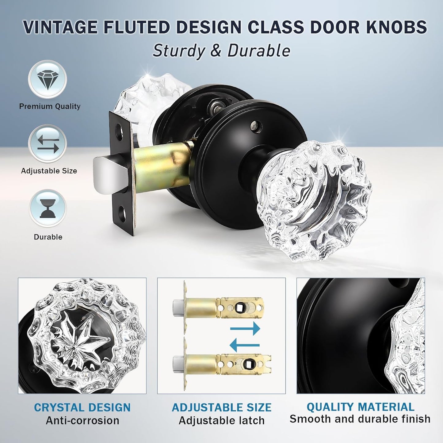 Matte Black Crystal Door Knobs with Lock - Modern Round Frosted Glass Interior Knobs for Bed and Bath Privacy