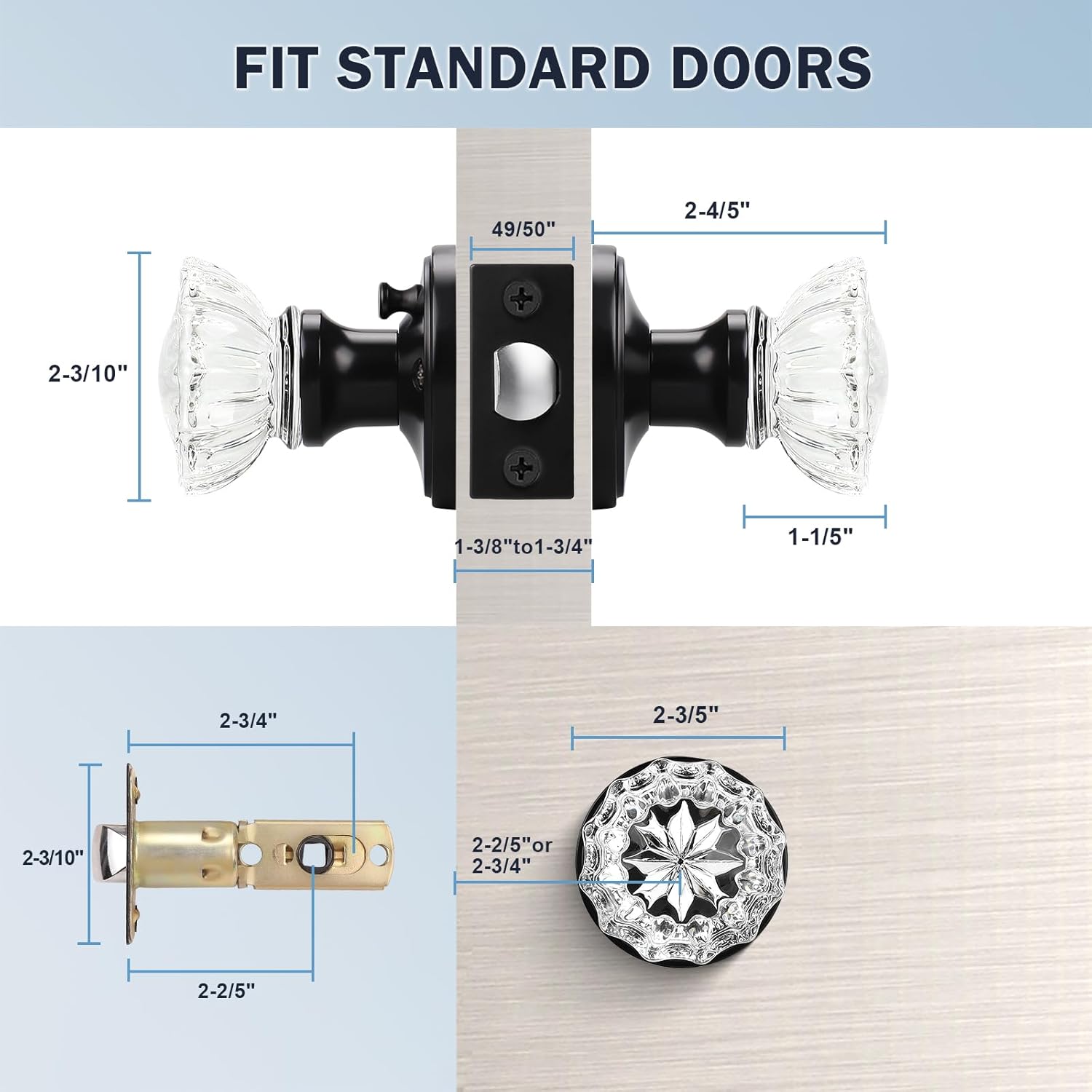 Matte Black Crystal Door Knobs with Lock - Modern Round Frosted Glass Interior Knobs for Bed and Bath Privacy