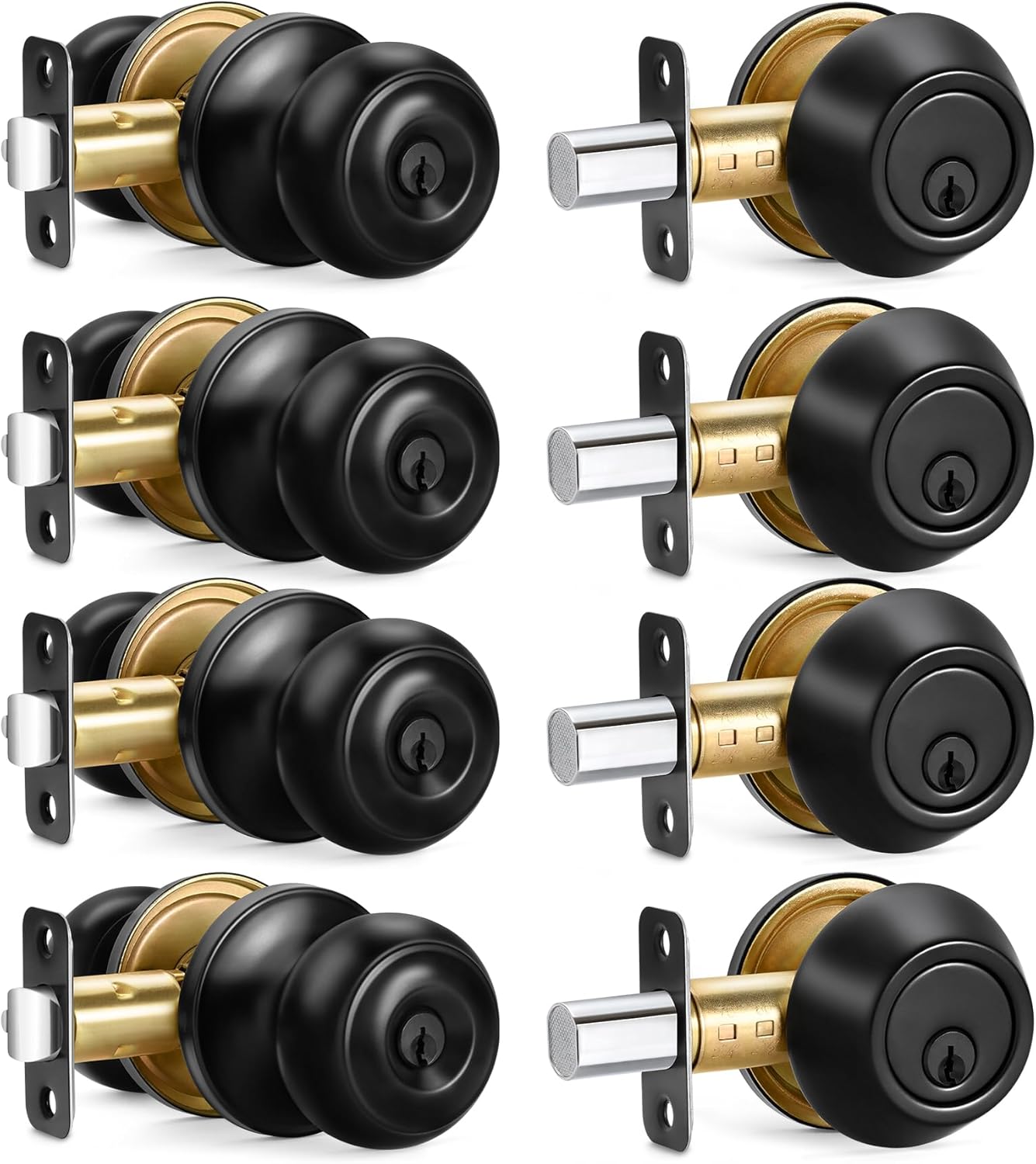 Matte Black Entry Door Knob and Deadbolt Combo Set - 4 Sets Keyed Alike for Entrance and Front Door