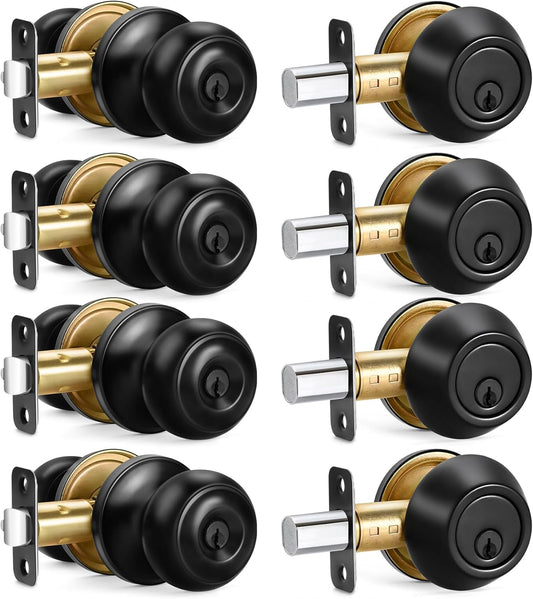 Matte Black Entry Door Knob and Deadbolt Combo Set - 4 Sets Keyed Alike for Entrance and Front Door