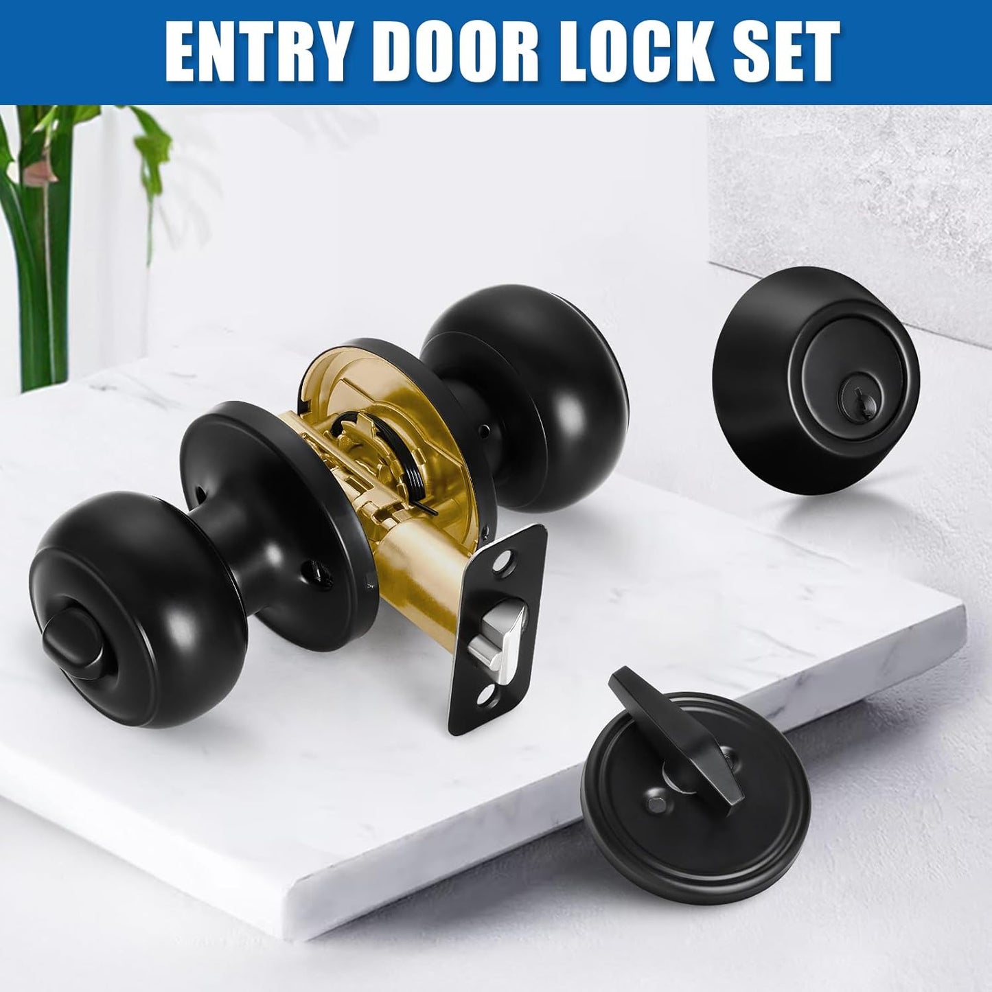 Matte Black Entry Door Knob and Deadbolt Combo Set - 4 Sets Keyed Alike for Entrance and Front Door