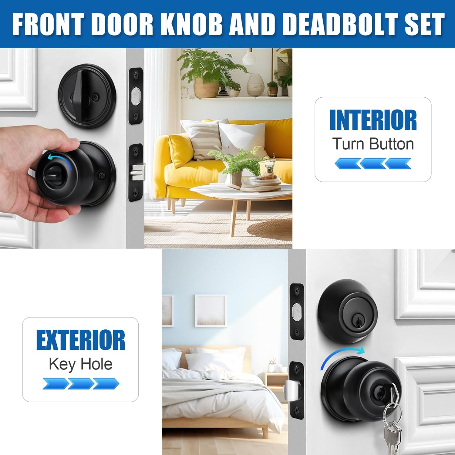 Matte Black Entry Door Knob and Deadbolt Combo Set - 4 Sets Keyed Alike for Entrance and Front Door